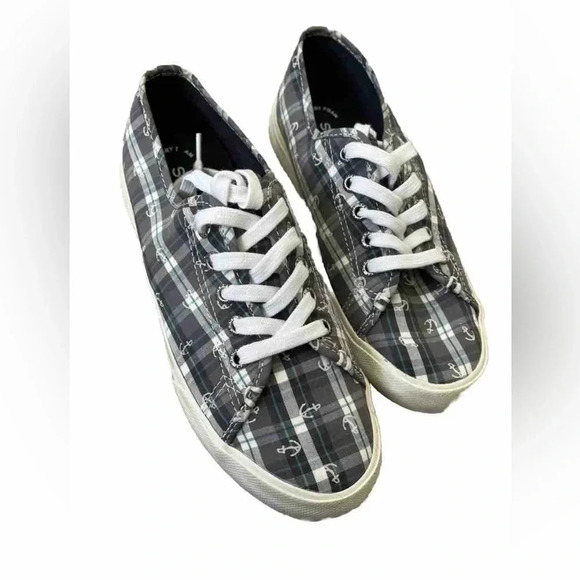 Sperry Sneaker Top-Sider Pier View Women’s Size 7 Anchor Gray Plaid Nautical - Picture 1 of 7